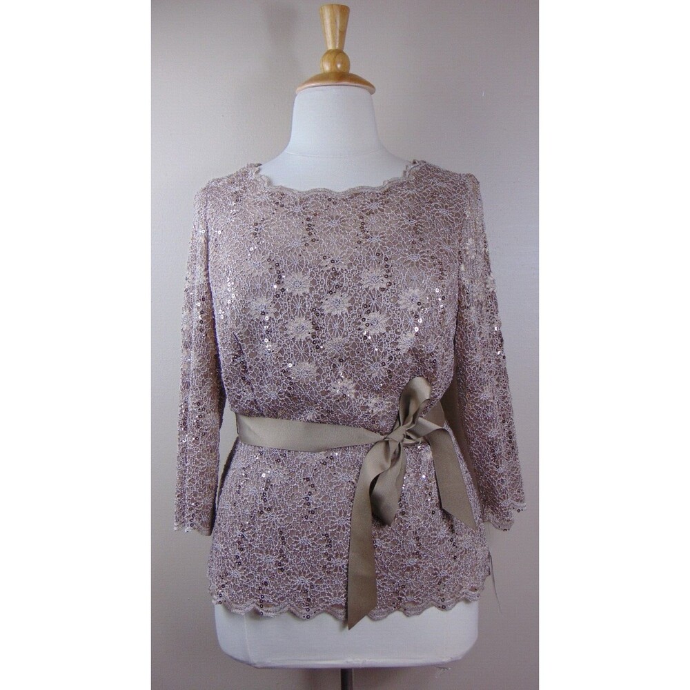 ALEX EVENINGS Gold Silver Embroidered Lace Peplum Ribbon Tie Belt Blouse 1x